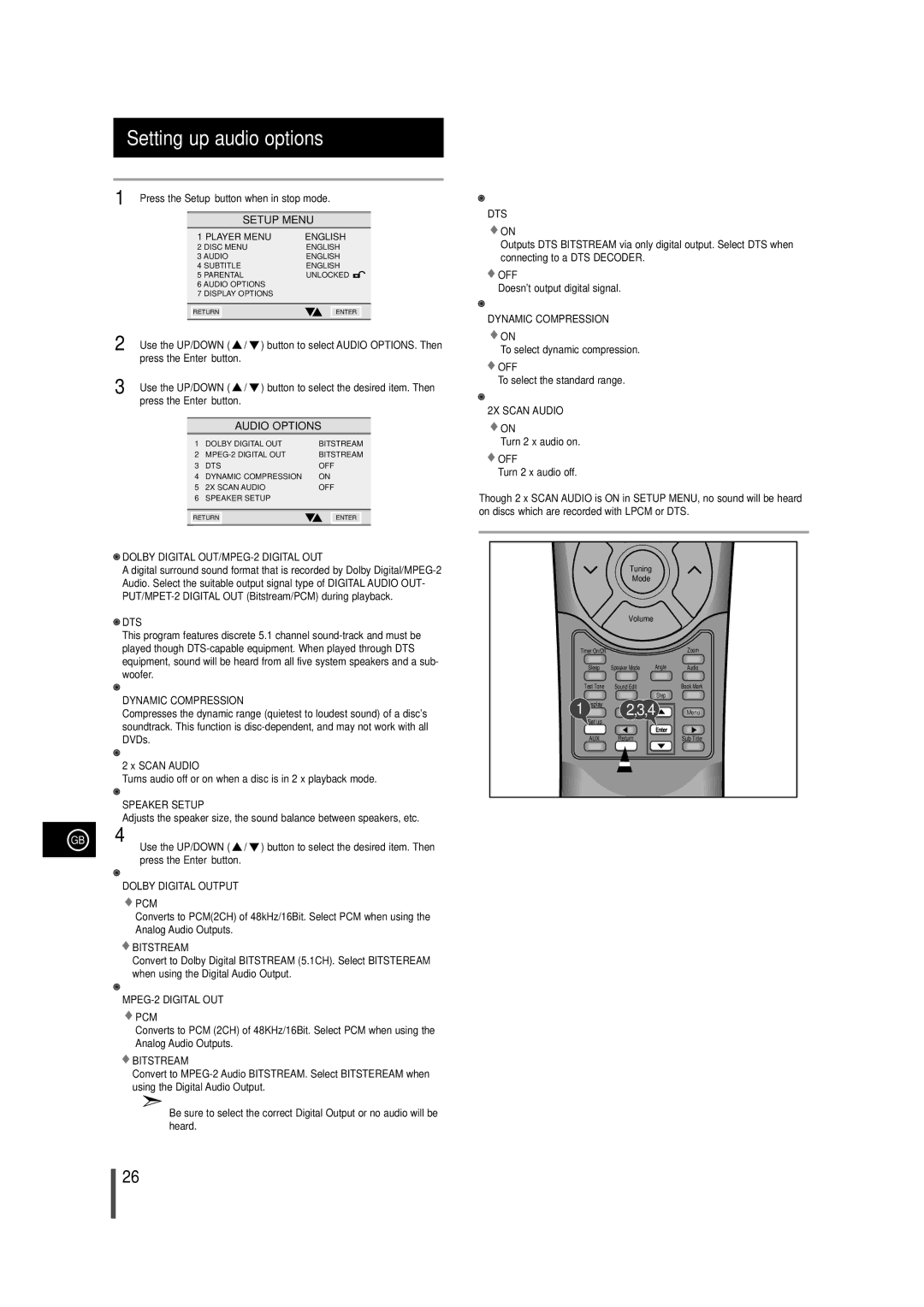 Samsung MAXDN55RH/ELS, MAXDN55RH/XEU manual Setting up audio options 