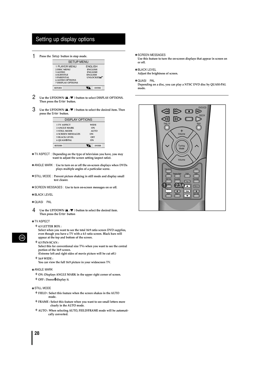 Samsung MAXDN55RH/ELS, MAXDN55RH/XEU manual Setting up display options 