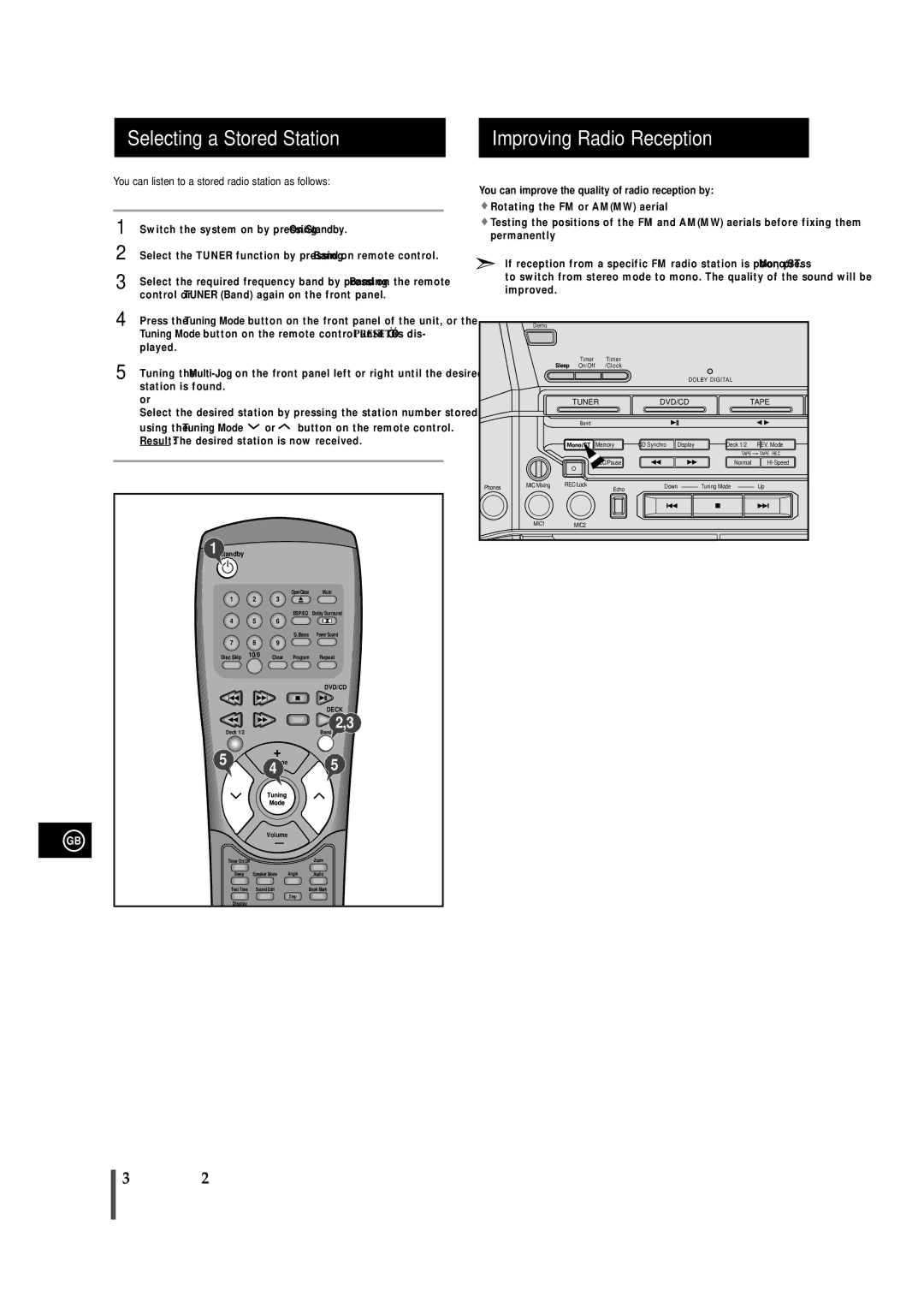 Samsung MAXDN55RH/ELS, MAXDN55RH/XEU manual Selecting a Stored Station, Improving Radio Reception, Using the Tuning Mode 