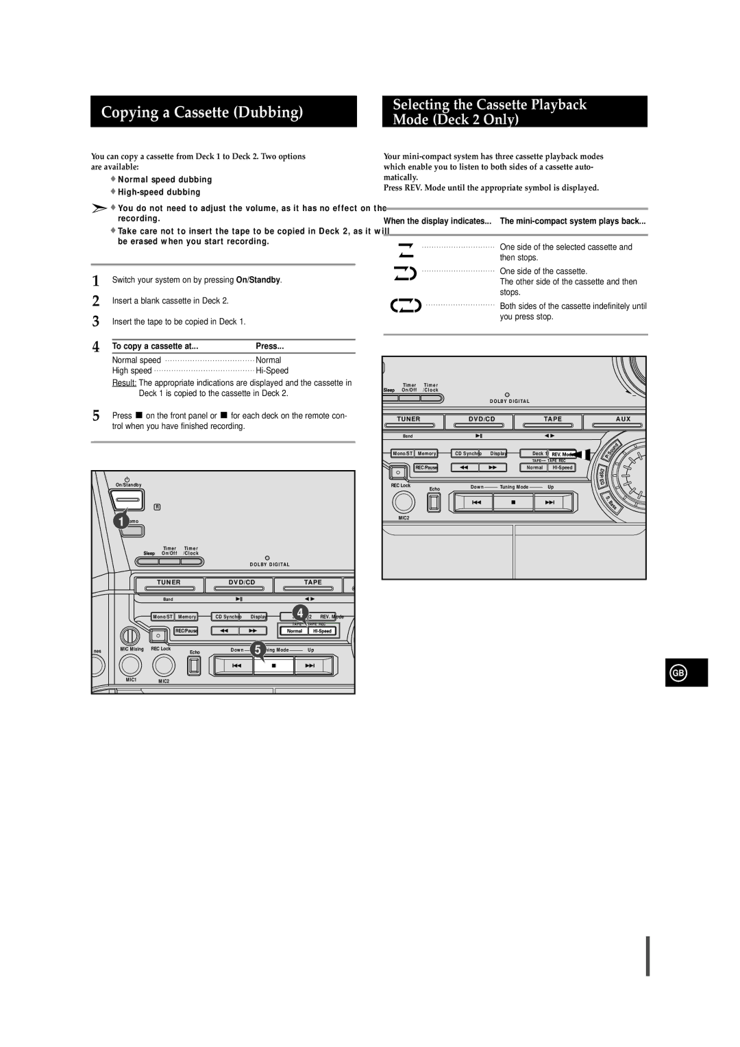 Samsung MAXDN55RH/XEU, MAXDN55RH/ELS manual Copying a Cassette Dubbing, Selecting the Cassette Playback, Mode Deck 2 Only 