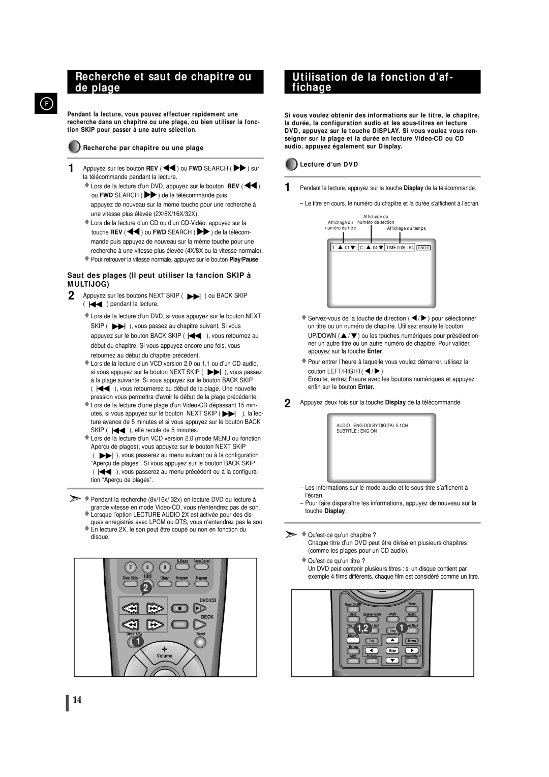 Samsung MAXDN55RH/ELS manual Recherche et saut de chapitre ou de plage, Utilisation de la fonction d’af- fichage, Skip 