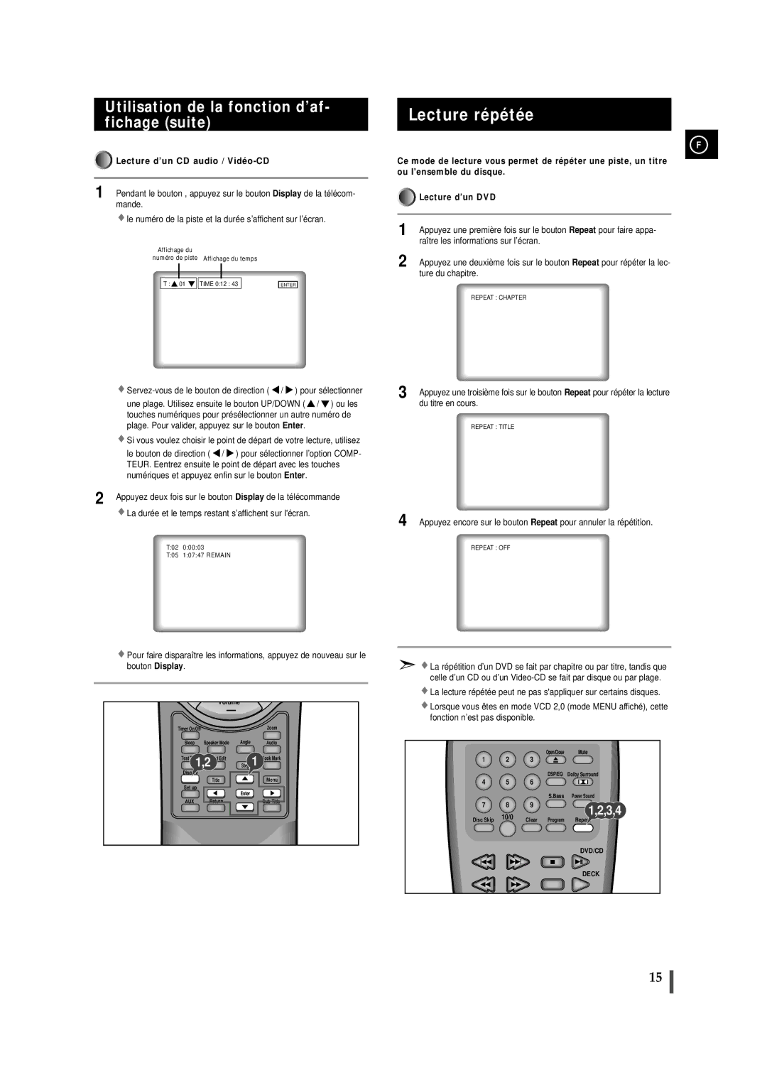 Samsung MAXDN55RH/ELS Lecture répétée, Utilisation de la fonction d’af- fichage suite, Lecture d’un CD audio / Vidéo-CD 