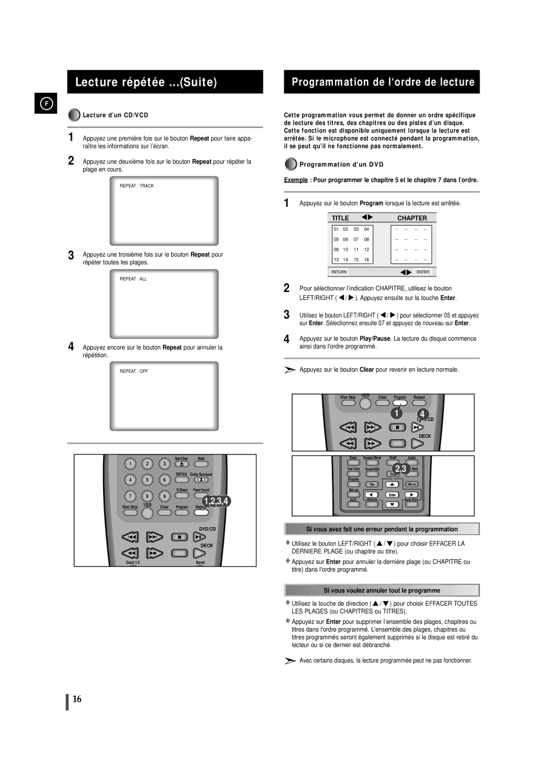 Samsung MAXDN55RH/ELS Lecture répétée ...Suite, Programmation de l‘ordre de lecture, Lecture d’un CD/VCD, Title Chapter 