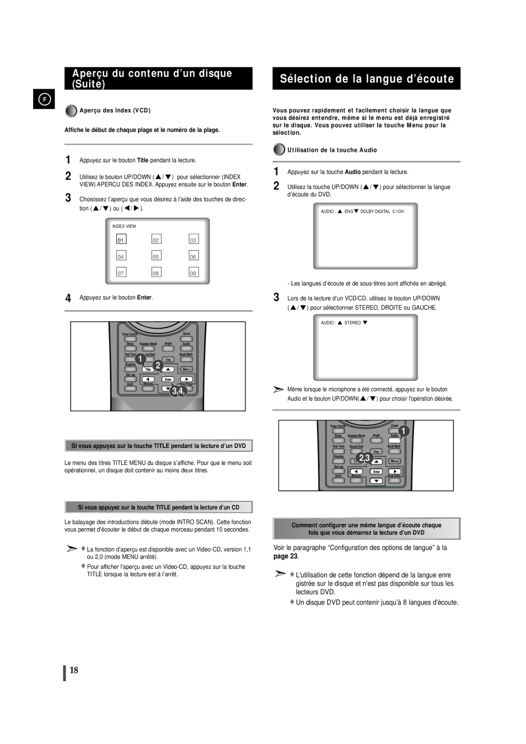 Samsung MAXDN55RH/ELS manual Sélection de la langue d’écoute, Aperçu du contenu d’un disque Suite 