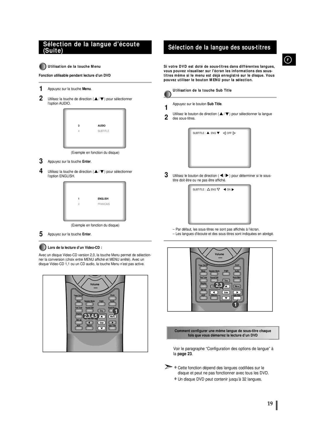 Samsung MAXDN55RH/ELS manual Sélection de la langue d’écoute Suite, Sélection de la langue des sous-titres 