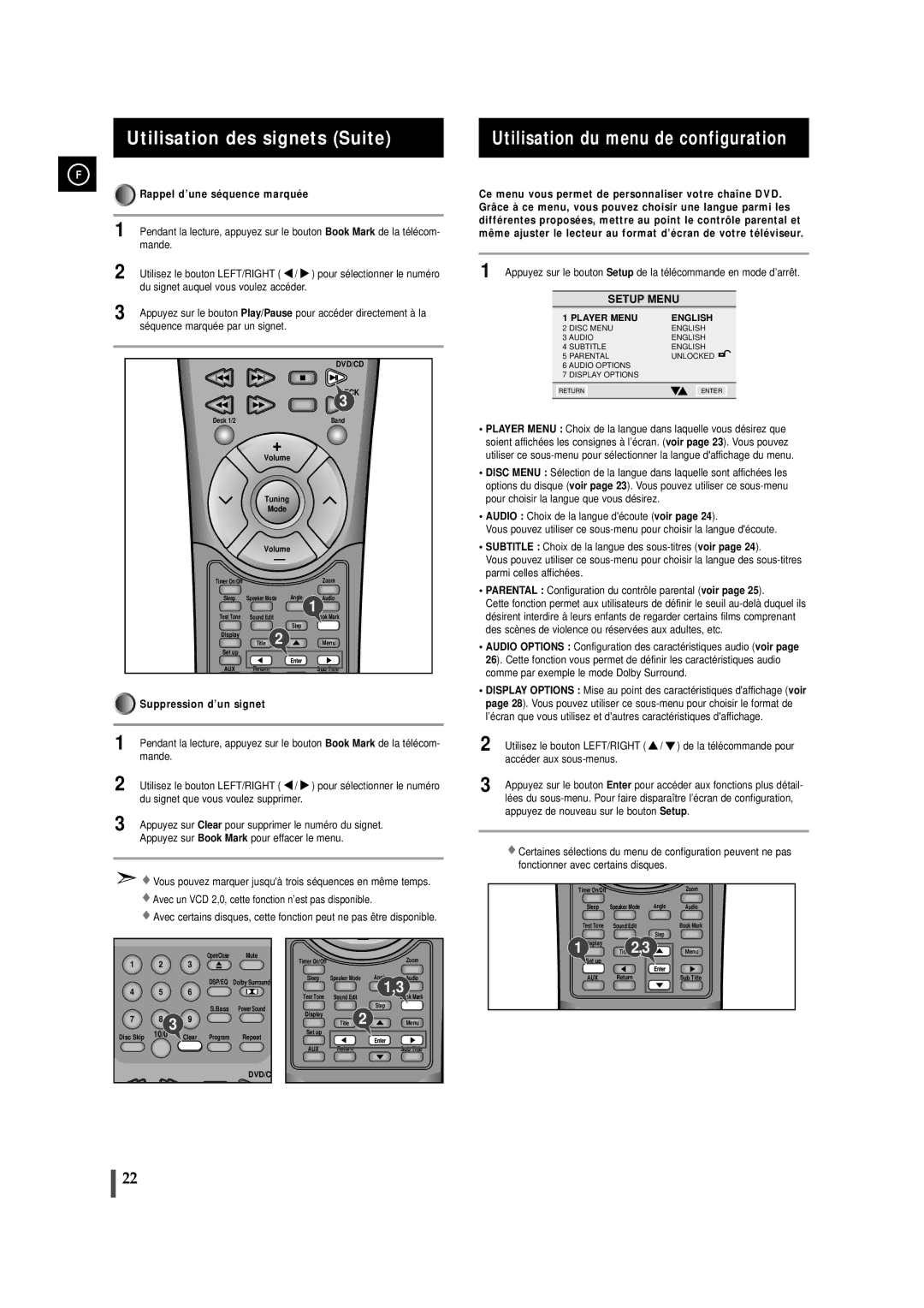 Samsung MAXDN55RH/ELS Utilisation des signets Suite, Utilisation du menu de configuration, Rappel d’une séquence marquée 