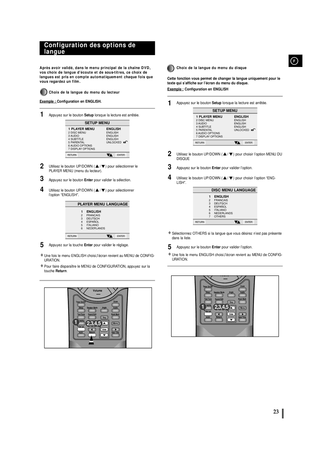 Samsung MAXDN55RH/ELS manual Configuration des options de langue, Setting up the language features, Player Menu Language 