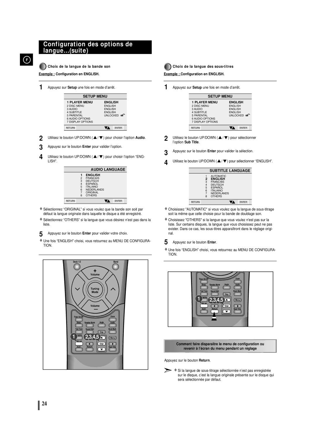 Samsung MAXDN55RH/ELS manual Configuration des options de langue...suite, Setting up the language features Cont’d, Lish 