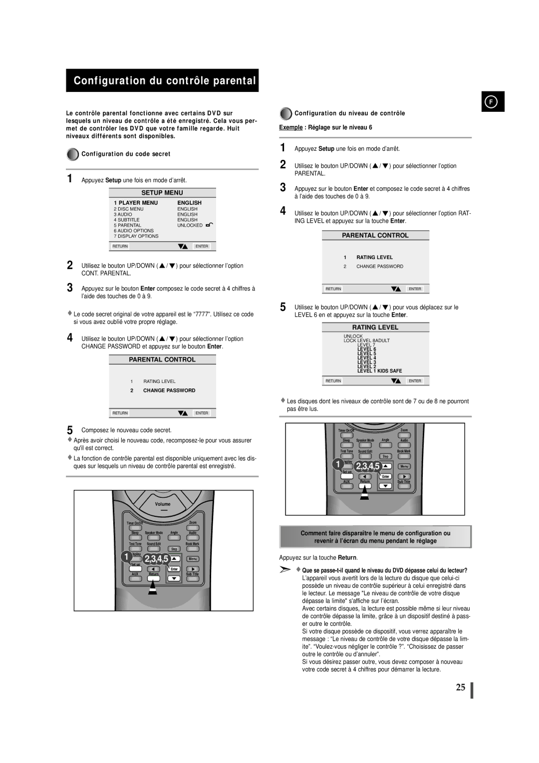 Samsung MAXDN55RH/ELS Setting up the parental level, Configuration du contrôle parental, Parental Control, Rating Level 