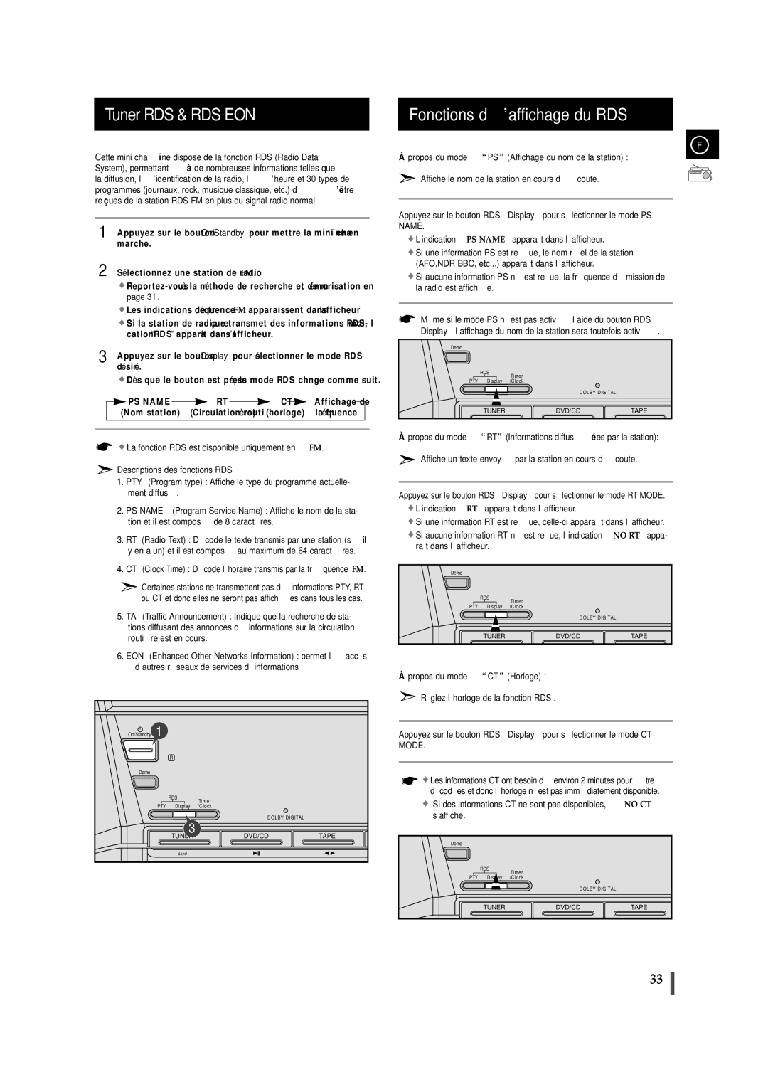 Samsung MAXDN55RH/ELS manual Tuner RDS & RDS EON, Fonctions d’affichage du RDS 