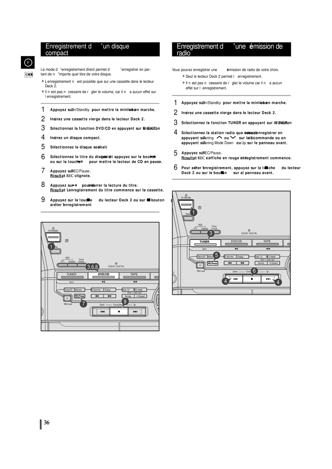 Samsung MAXDN55RH/ELS manual Enregistrement d’une émission de radio, Enregistrement d’un disque compact 