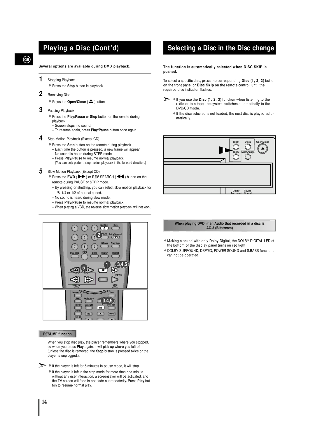 Samsung MAXDN67RH/ELS manual Playing a Disc Contd, Selecting a Disc in the Disc change, Resume function 