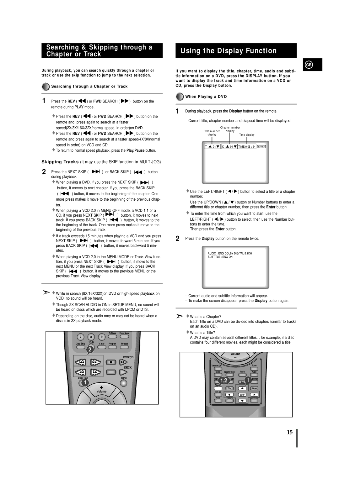 Samsung MAXDN67RH/ELS manual Using the Display Function, Searching & Skipping through a Chapter or Track, During playback 