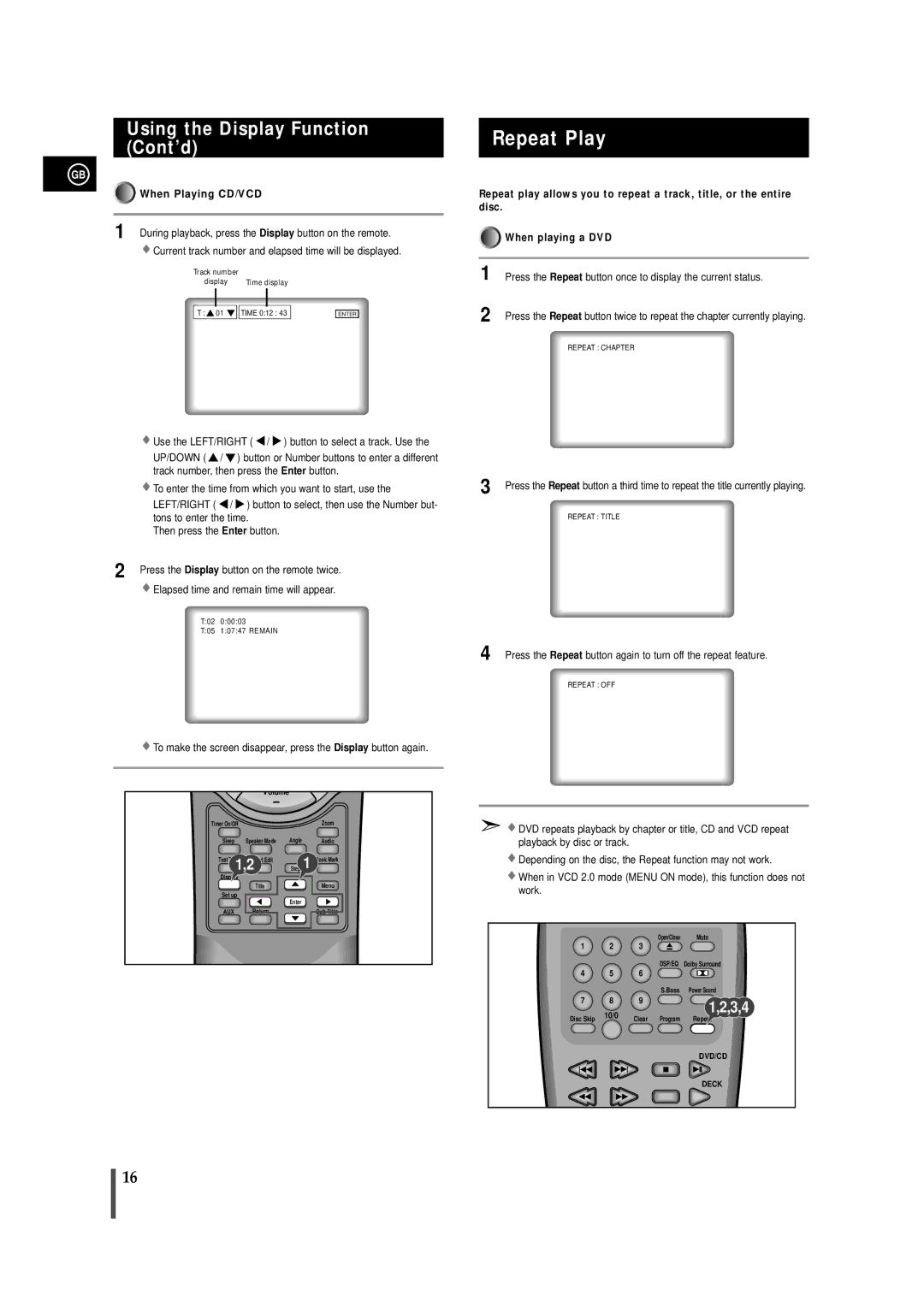 Samsung MAXDN67RH/ELS manual Repeat Play, Using the Display Function Cont’d, When Playing CD/VCD 