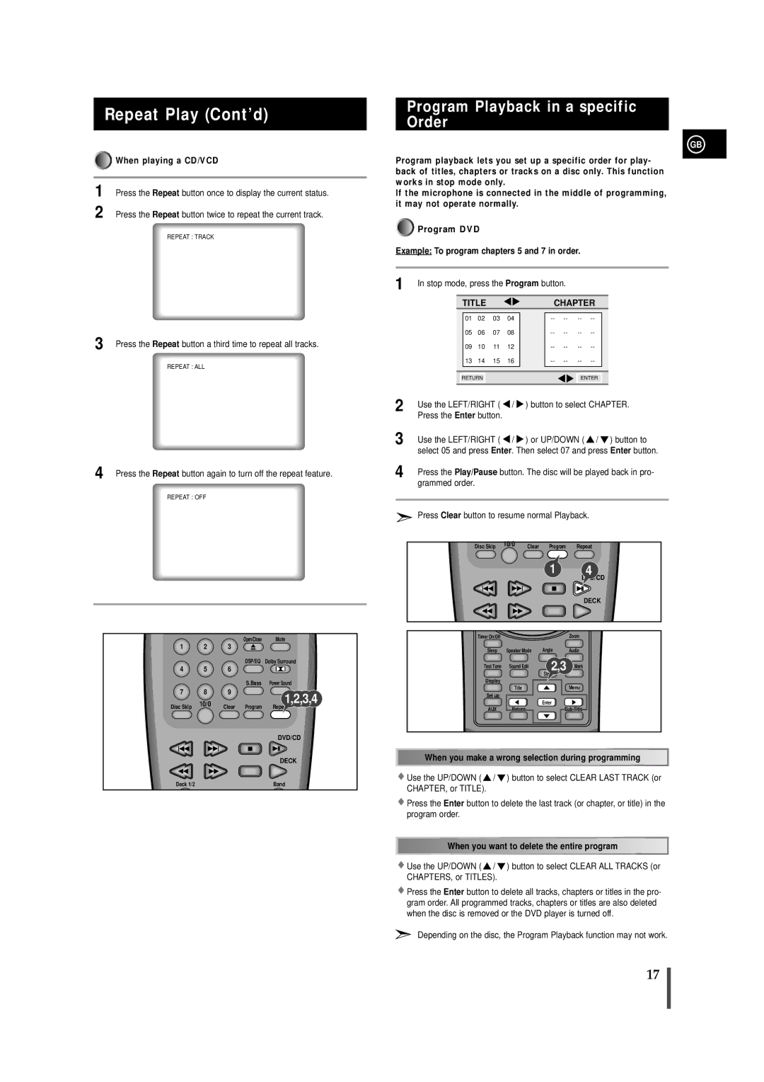 Samsung MAXDN67RH/ELS manual Repeat Play Cont’d, Program Playback in a specific Order, Title Chapter 