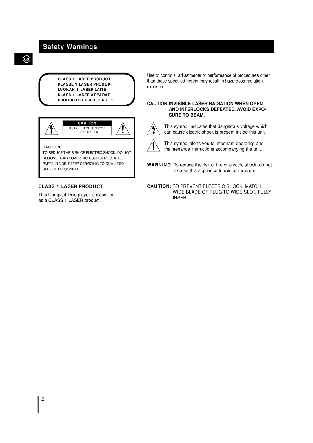 Samsung MAXDN67RH/ELS manual Safety Warnings, Class 1 Laser Product 