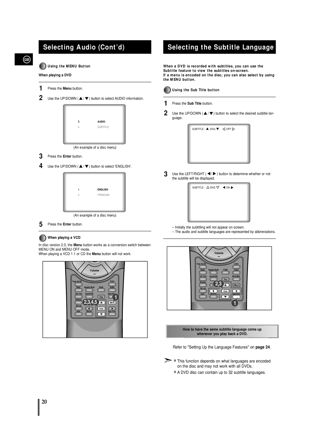 Samsung MAXDN67RH/ELS Selecting Audio Cont’d, Selecting the Subtitle Language, Using the Menu Button When playing a DVD 