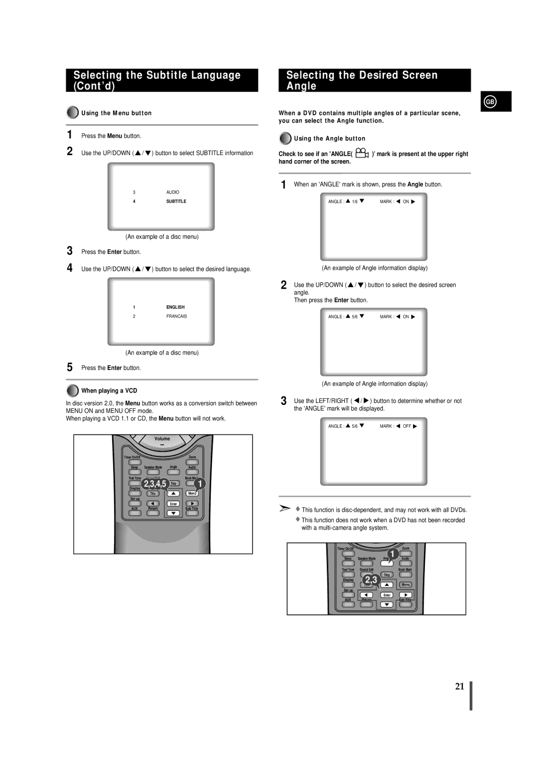 Samsung MAXDN67RH/ELS Selecting the Subtitle Language Cont’d, Selecting the Desired Screen Angle, Using the Menu button 