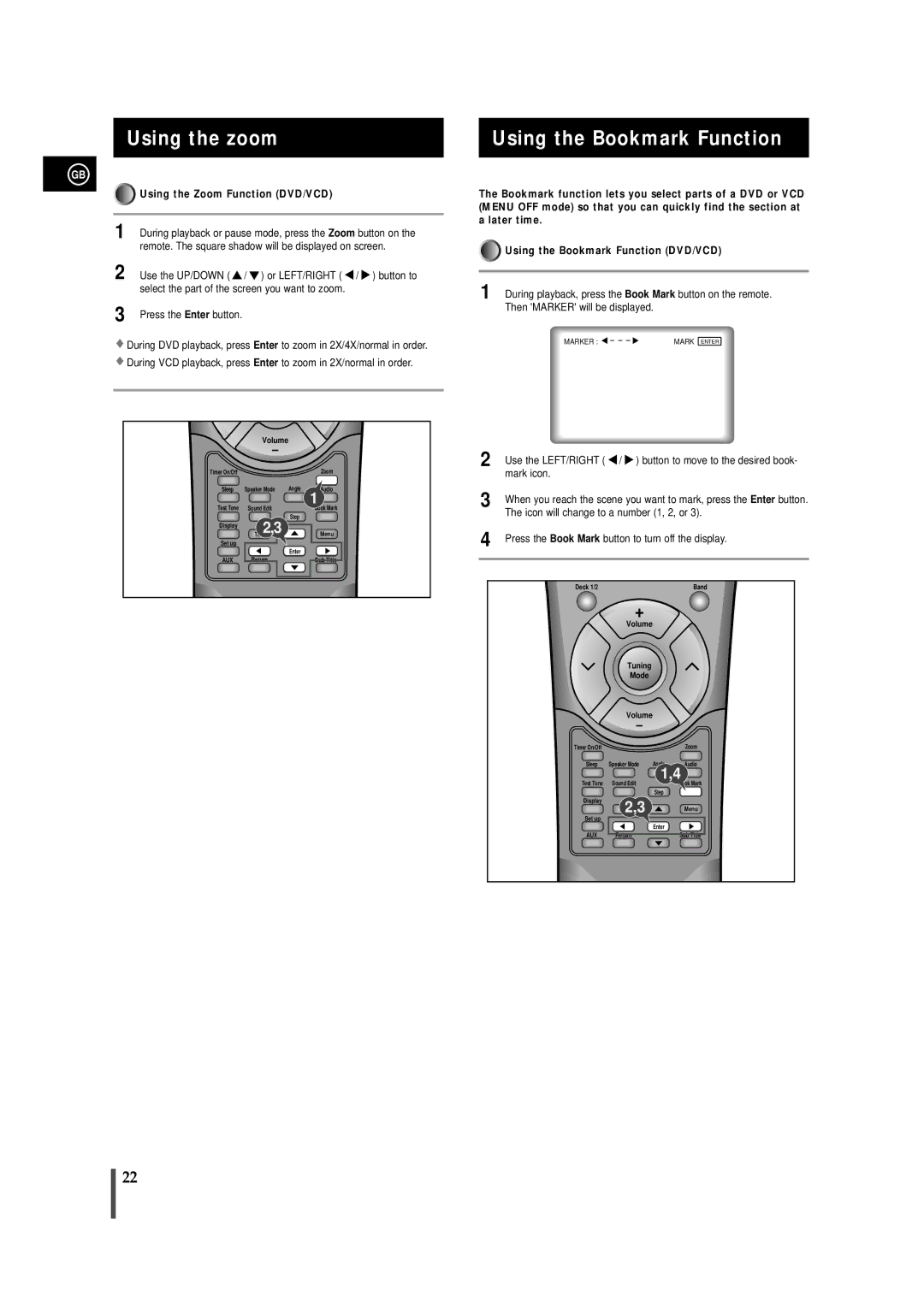 Samsung MAXDN67RH/ELS manual Using the zoom, Using the Bookmark Function, Using the Zoom Function DVD/VCD 