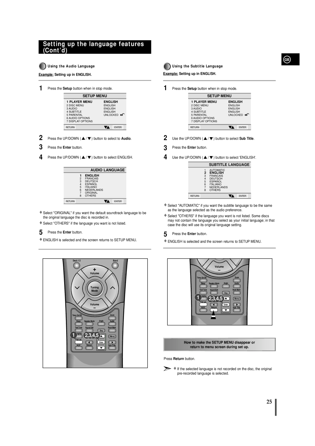 Samsung MAXDN67RH/ELS Setting up the language features Cont’d, Using the Audio Language Example Setting up in English 