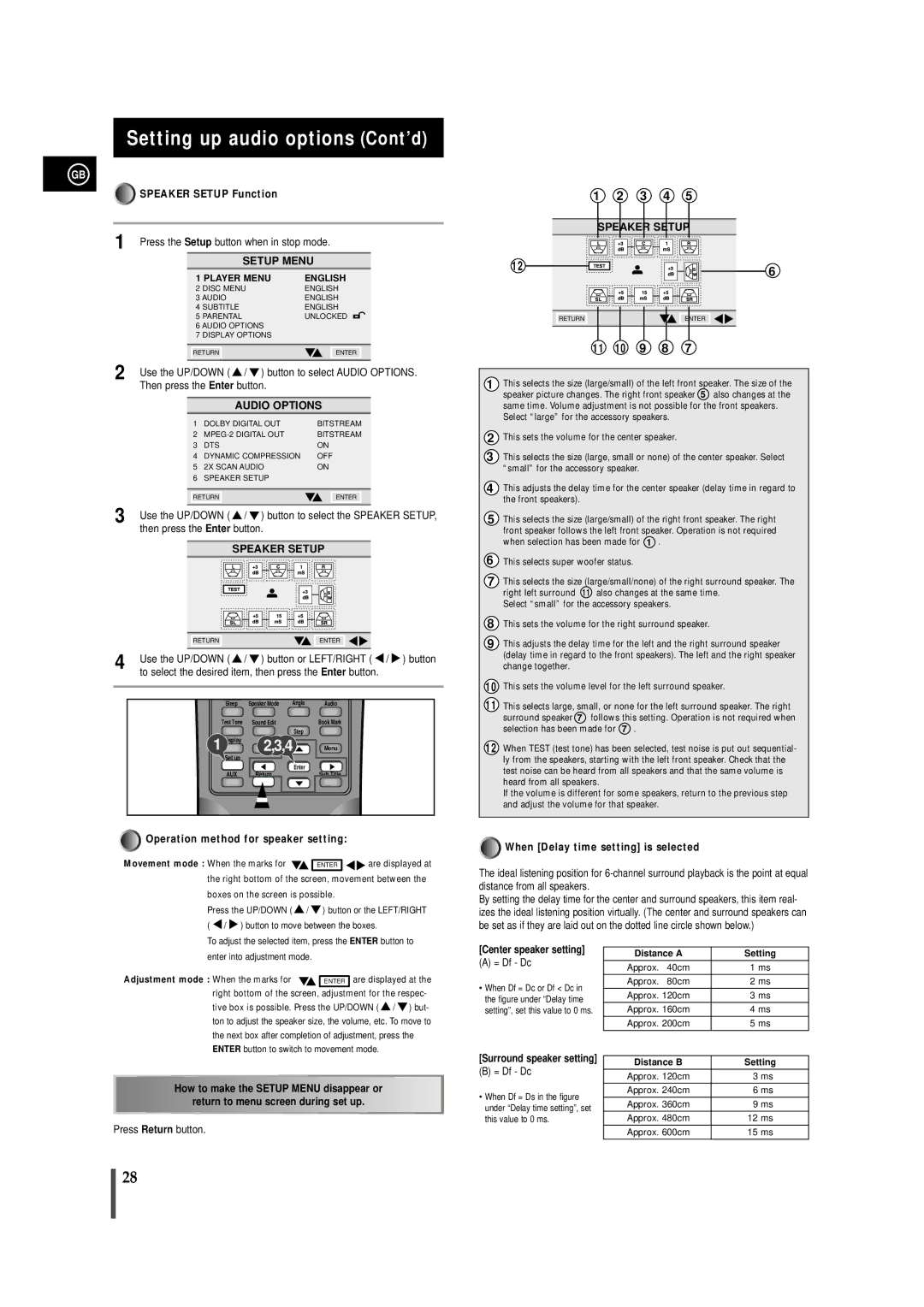 Samsung MAXDN67RH/ELS manual Setting up audio options Cont’d, Button or LEFT/RIGHT / button 