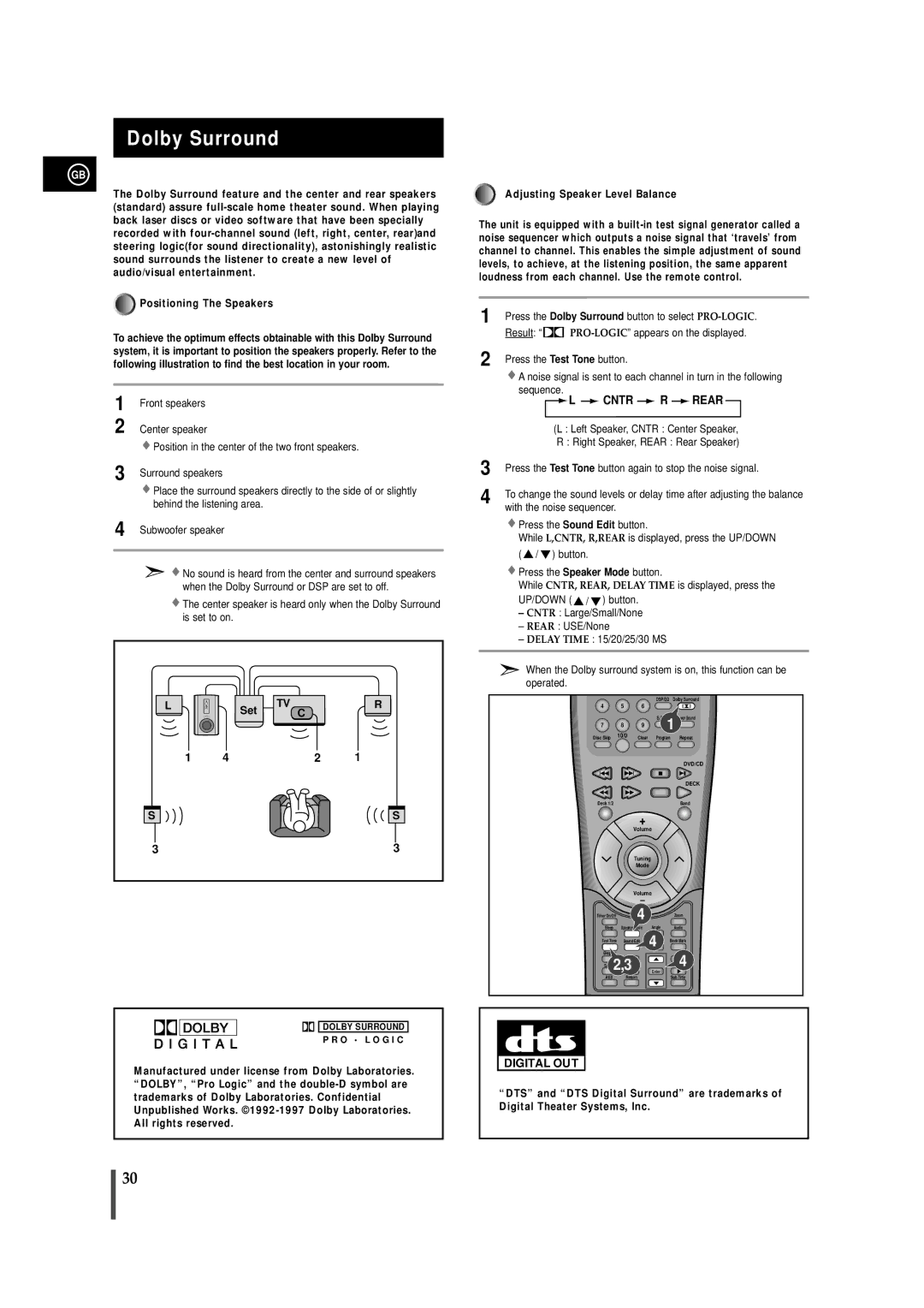 Samsung MAXDN67RH/ELS manual Dolby Surround, Set Adjusting Speaker Level Balance 