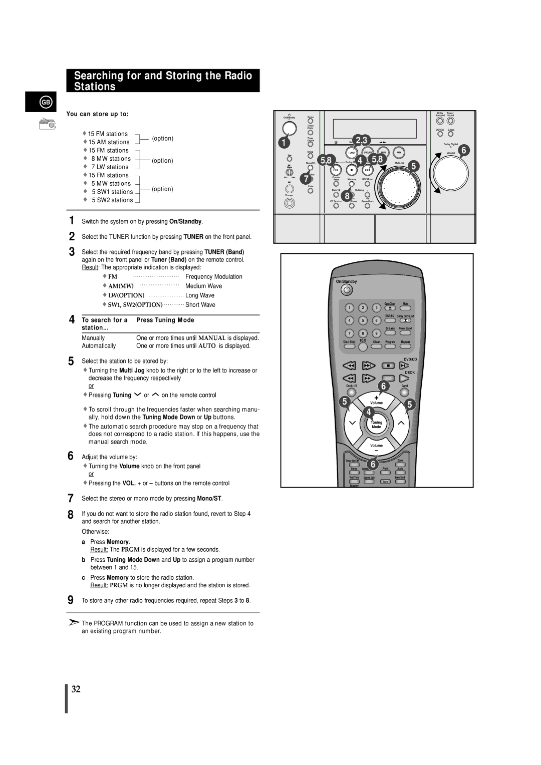 Samsung MAXDN67RH/ELS Searching for and Storing the Radio Stations, You can store up to, To search for a Press Tuning Mode 