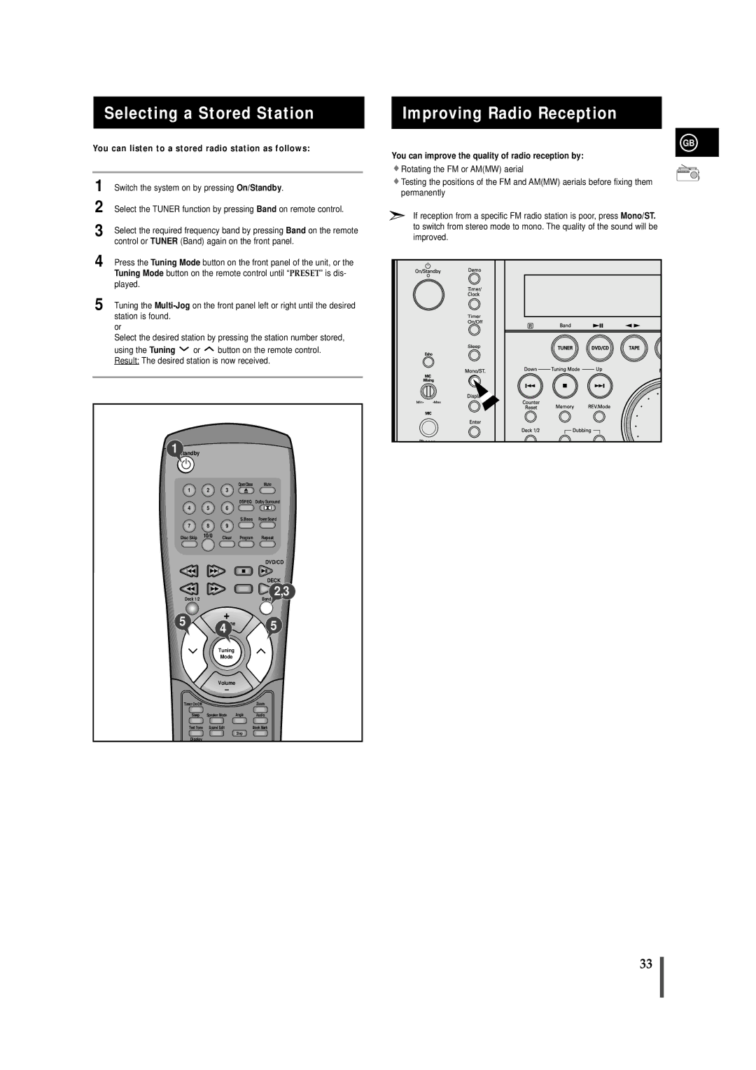 Samsung MAXDN67RH/ELS manual Selecting a Stored Station, Improving Radio Reception 