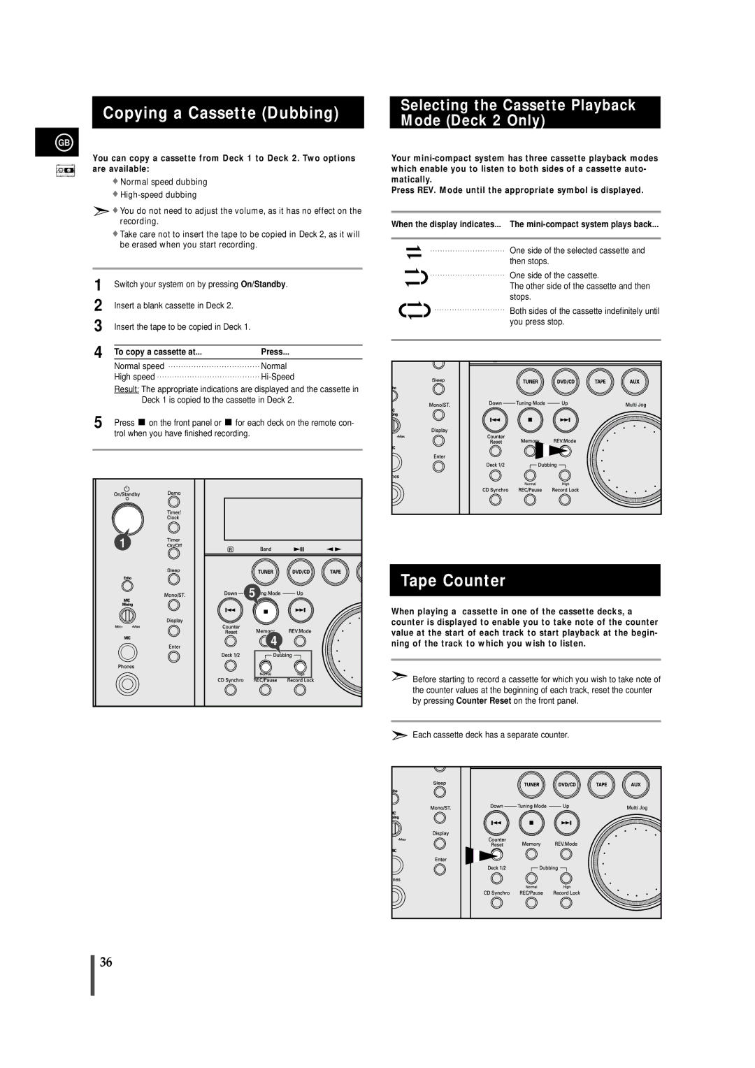 Samsung MAXDN67RH/ELS manual Copying a Cassette Dubbing, Tape Counter, Selecting the Cassette Playback Mode Deck 2 Only 