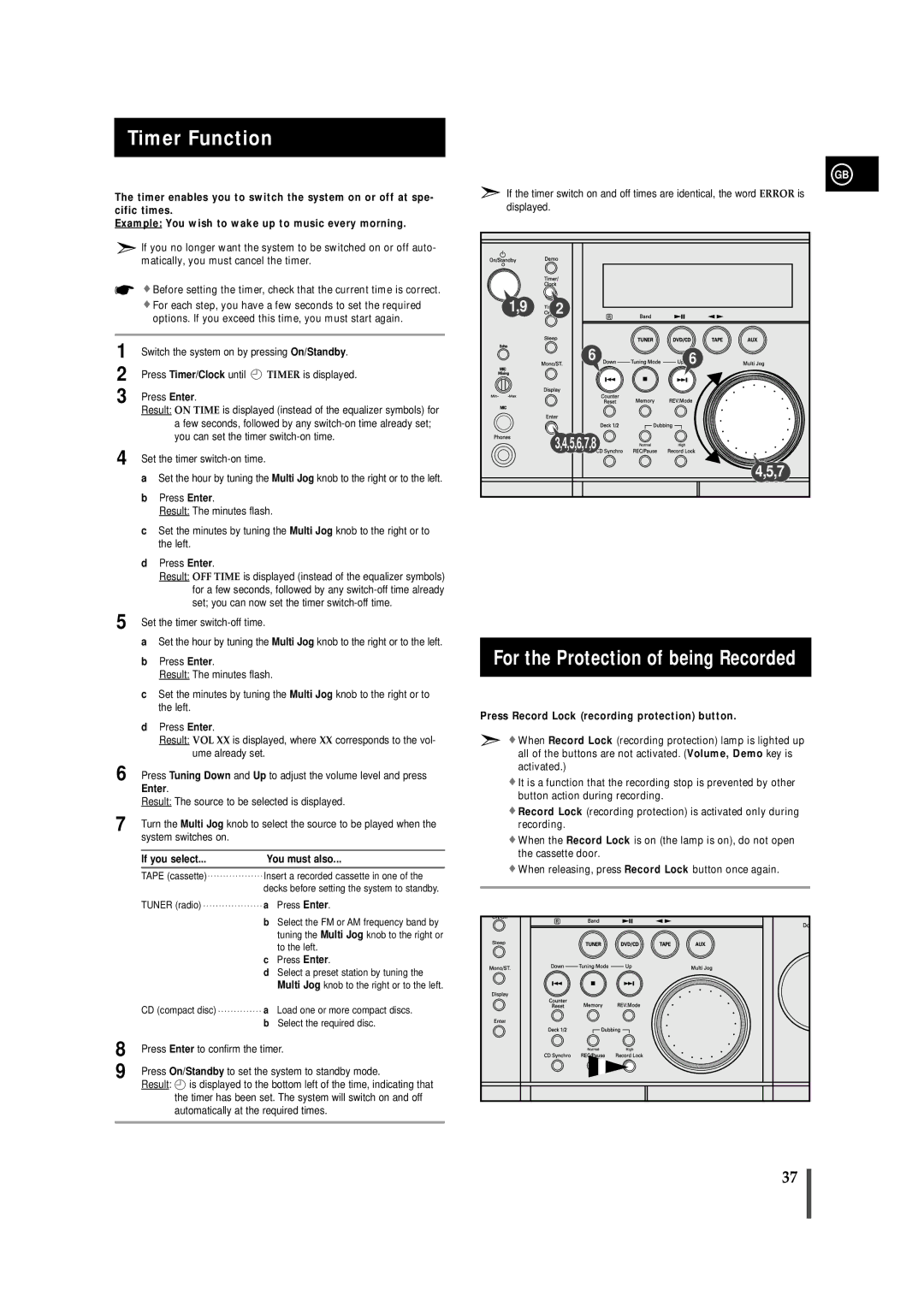 Samsung MAXDN67RH/ELS manual Timer Function, For the Protection of being Recorded 