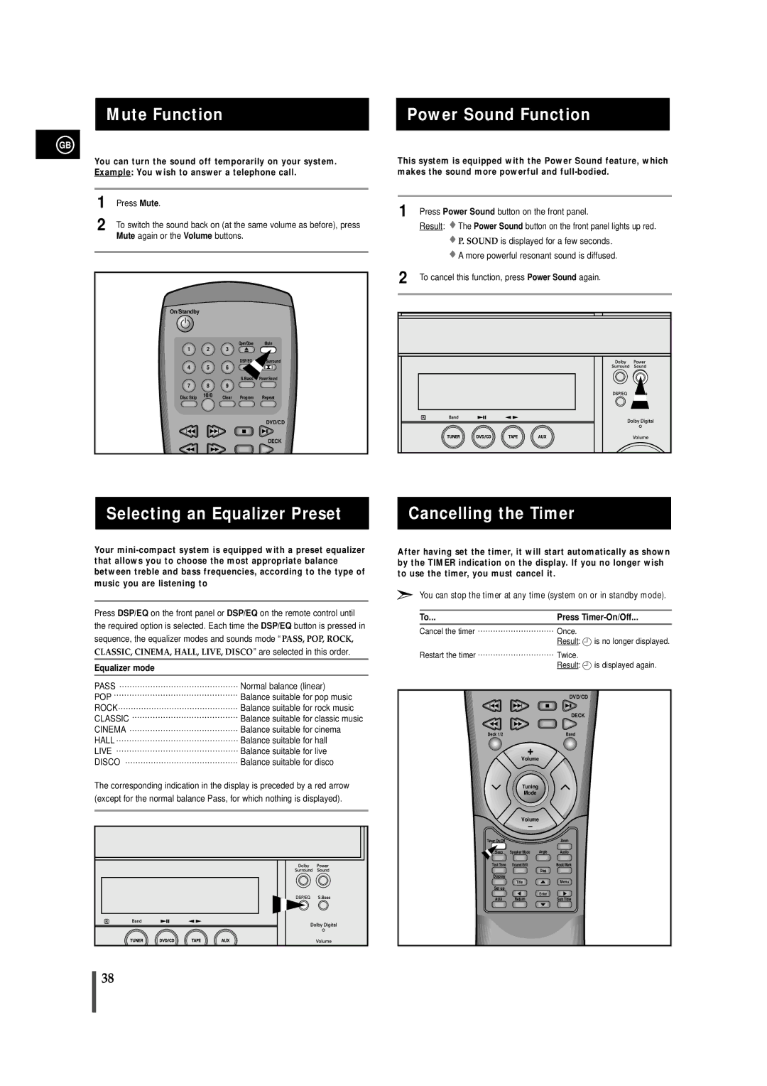 Samsung MAXDN67RH/ELS manual Mute Function Power Sound Function, Selecting an Equalizer Preset, Cancelling the Timer 