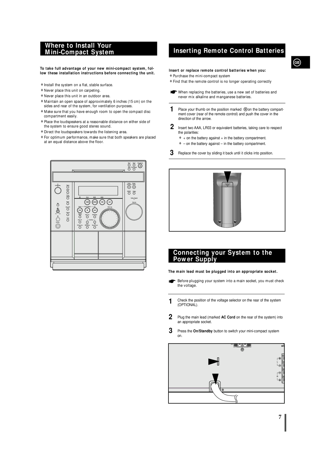 Samsung MAXDN67RH/ELS manual Where to Install Your Mini-Compact System, Inserting Remote Control Batteries 