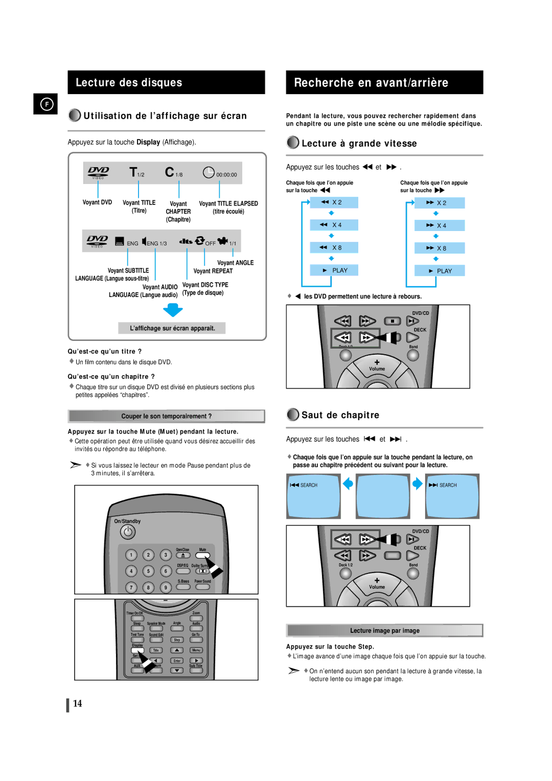 Samsung MAXDN83RH/ELS, MAXDN87RH/ELS Recherche en avant/arrière, Lecture des disques, Utilisation de l’affichage sur écran 