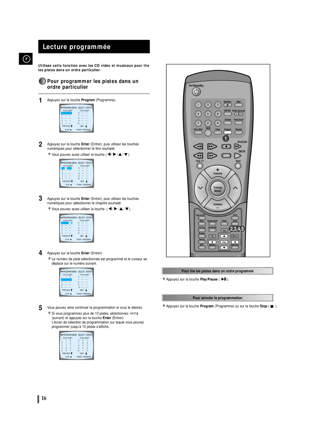 Samsung MAXDN83RH/ELS, MAXDN87RH/ELS manual Lecture programmée, Pour programmer les pistes dans un ordre particulier 