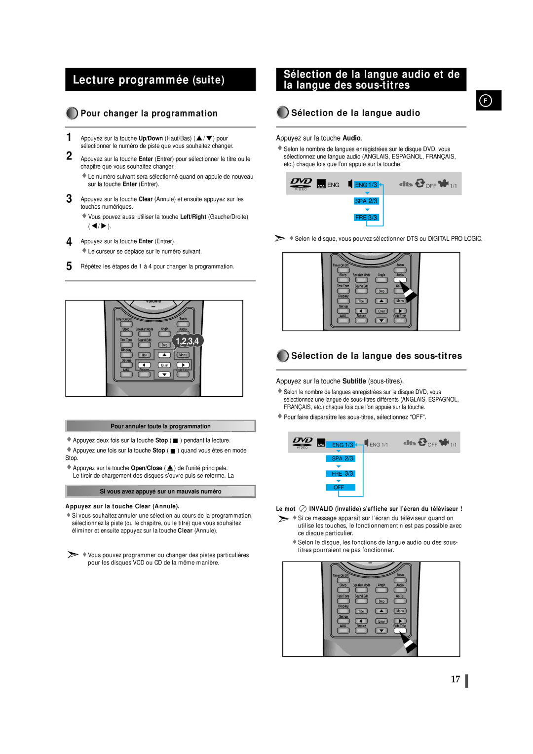 Samsung MAXDN87RH/ELS, MAXDN83RH/ELS Lecture programmée suite, Pour changer la programmation, Sélection de la langue audio 