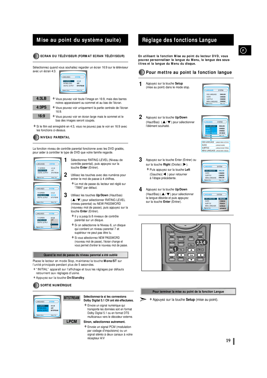 Samsung MAXDN87RH/ELS, MAXDN83RH/ELS manual Mise au point du système suite, Pour mettre au point la fonction langue 