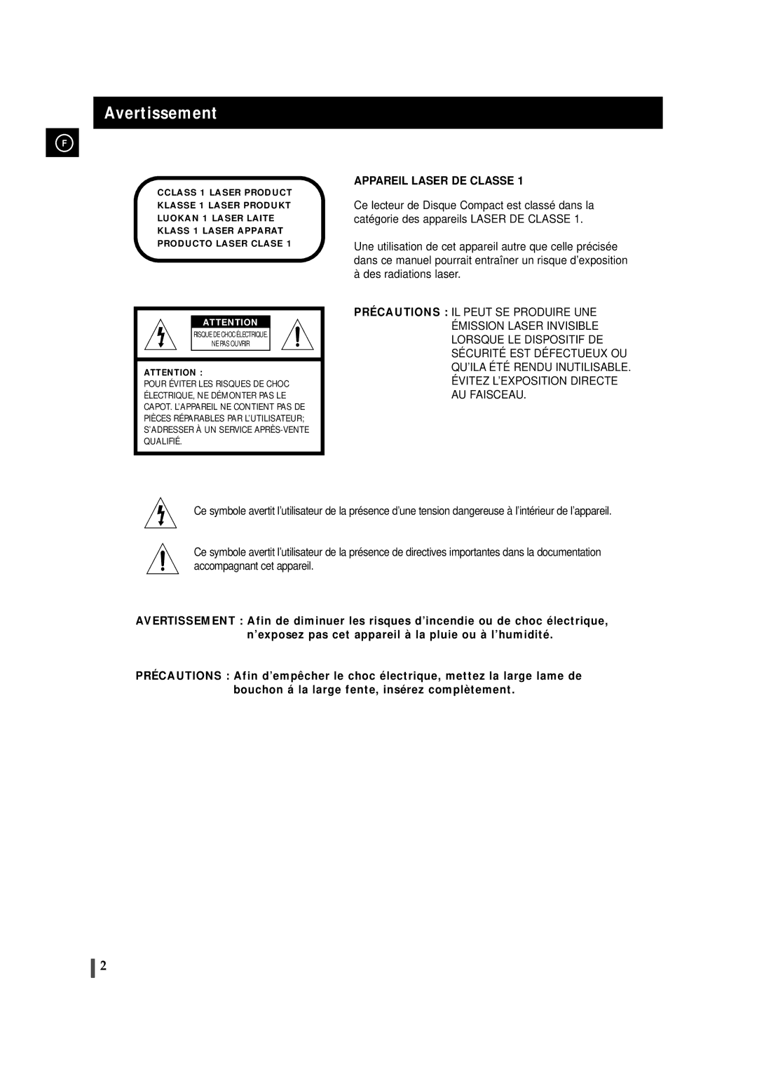 Samsung MAXDN83RH/ELS, MAXDN87RH/ELS manual Avertissement, Appareil Laser DE Classe 