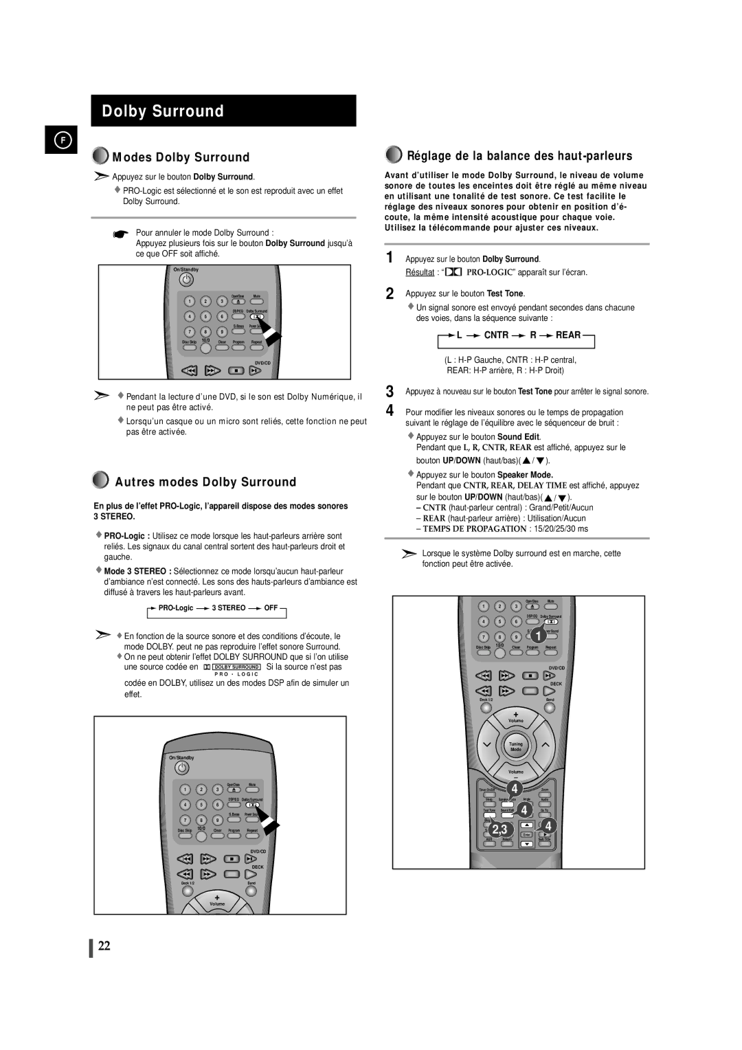 Samsung MAXDN83RH/ELS manual Modes Dolby Surround, Autres modes Dolby Surround, Réglage de la balance des haut-parleurs 