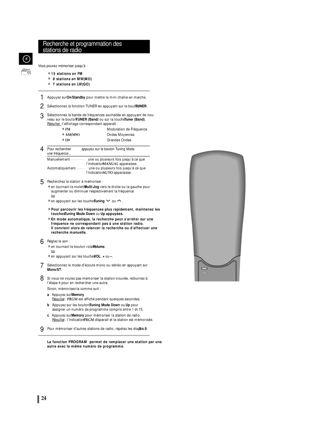 Samsung MAXDN83RH/ELS manual Recherche et programmation des stations de radio, Searching for and Storing the Radio Stations 