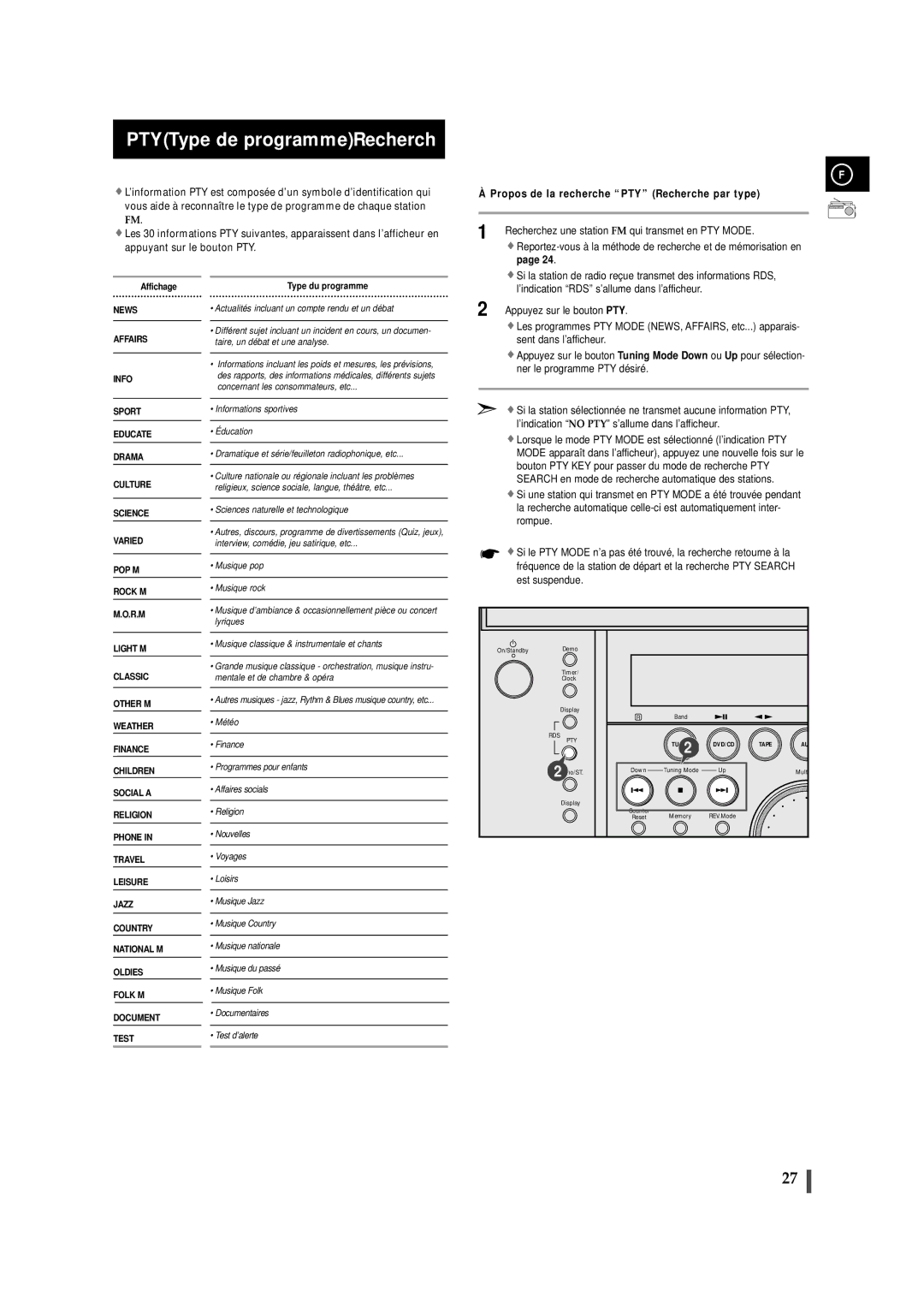 Samsung MAXDN87RH/ELS, MAXDN83RH/ELS manual PTYType de programmeRecherch, Propos de la recherche PTY Recherche par type 