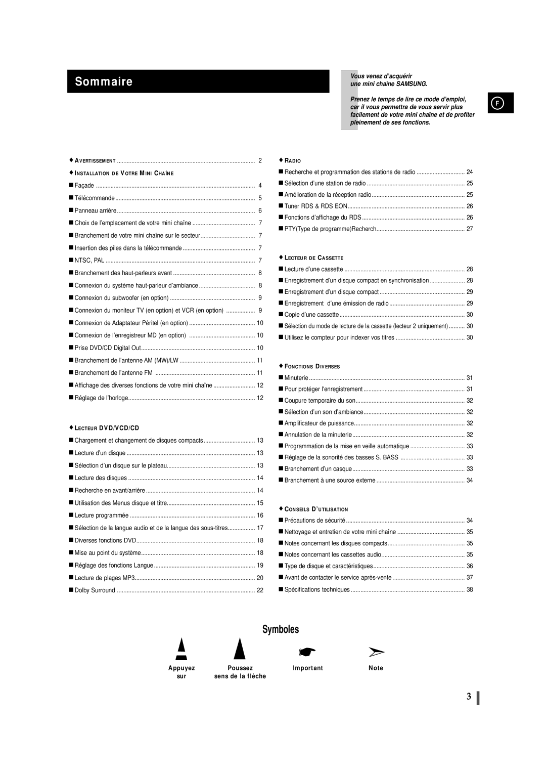 Samsung MAXDN87RH/ELS, MAXDN83RH/ELS manual Sommaire, Appuyez, Sens de la flèche 