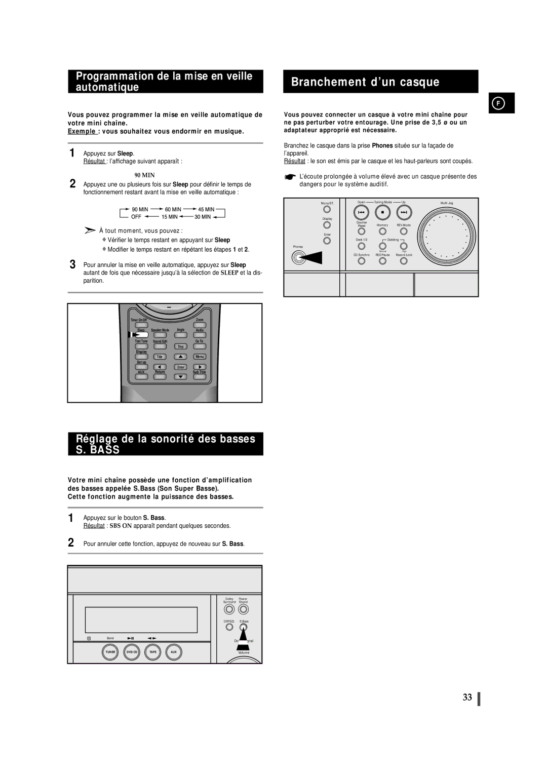 Samsung MAXDN87RH/ELS, MAXDN83RH/ELS manual Branchement d’un casque, Programmation de la mise en veille automatique 