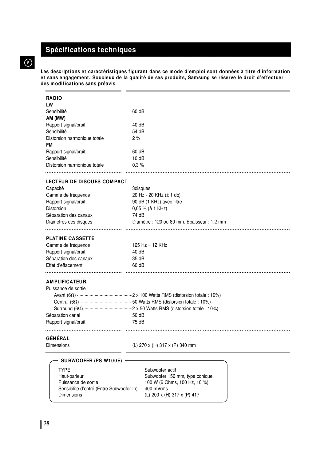 Samsung MAXDN83RH/ELS, MAXDN87RH/ELS manual Spécifications techniques, Avant 6 Ω, Central 6 Ω 