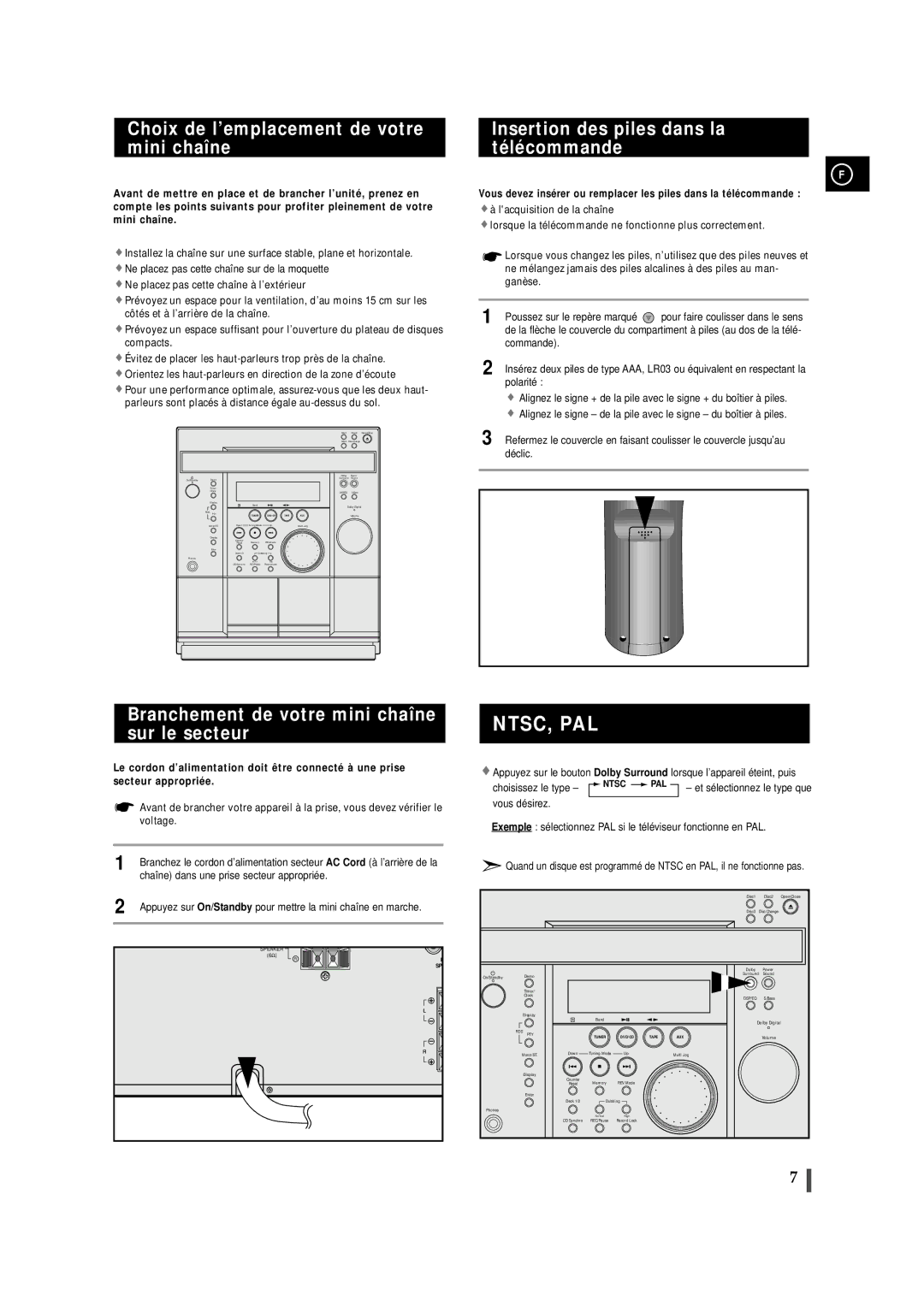 Samsung MAXDN87RH/ELS manual Choix de l’emplacement de votre mini chaîne, Branchement de votre mini chaîne sur le secteur 