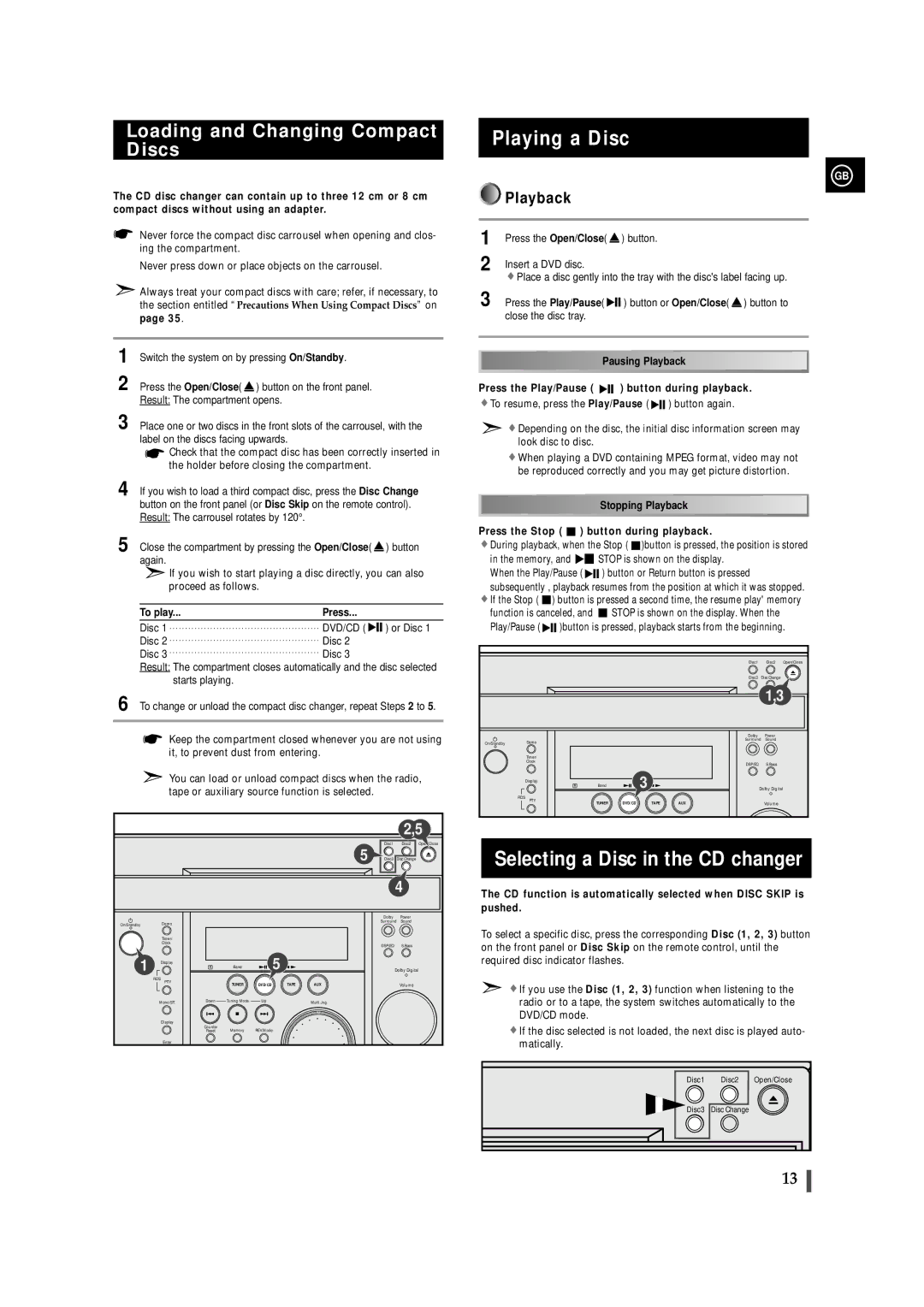 Samsung MAXDN87RH/ELS Playing a Disc, Selecting a Disc in the CD changer, Loading and Changing Compact Discs, Playback 