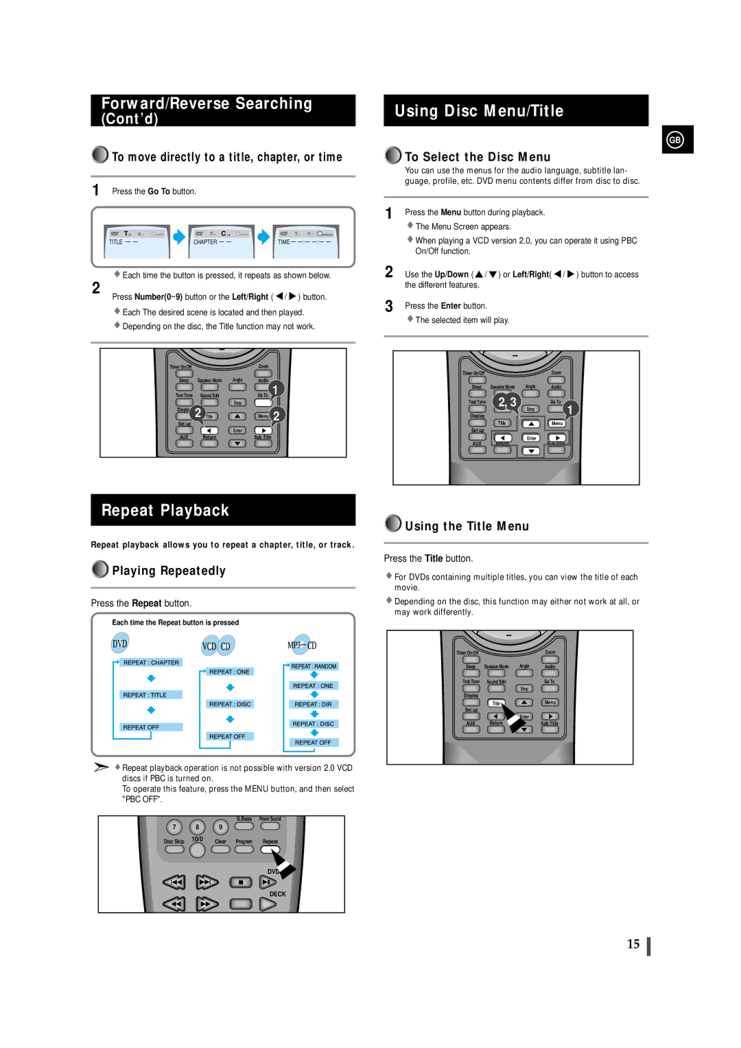 Samsung MAXDN87RH/ELS, MAXDN83RH/ELS manual Using Disc Menu/Title, Repeat Playback, Cont’d 