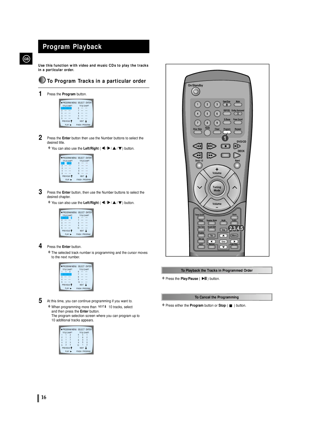 Samsung MAXDN83RH/ELS, MAXDN87RH/ELS Program Playback, To Program Tracks in a particular order, Press the Program button 