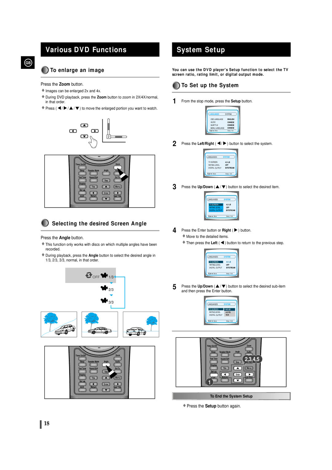 Samsung MAXDN83RH/ELS manual Various DVD Functions System Setup, To enlarge an image, Selecting the desired Screen Angle 