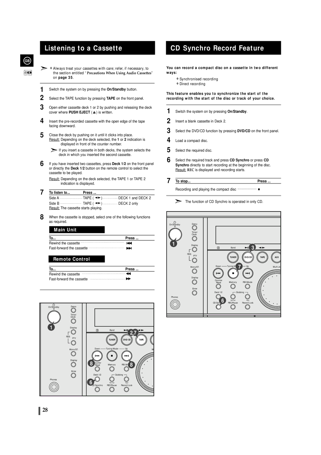 Samsung MAXDN83RH/ELS, MAXDN87RH/ELS manual Listening to a Cassette, CD Synchro Record Feature, To listen to, To stop Press 