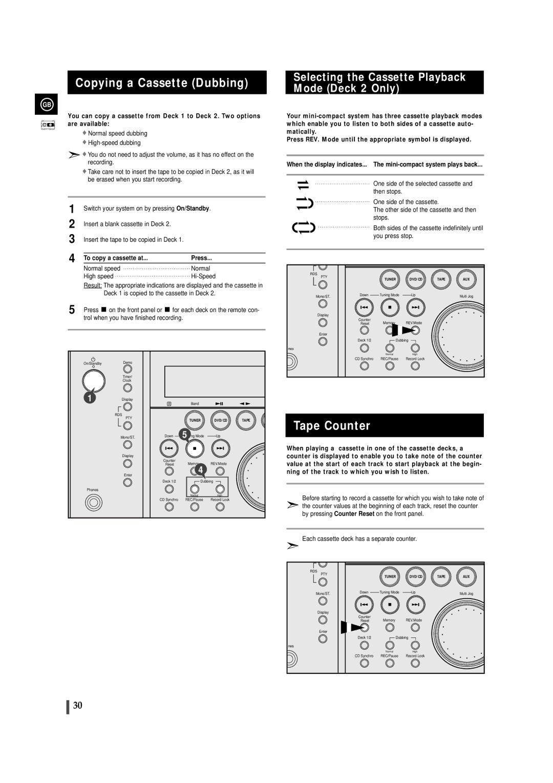 Samsung MAXDN83RH/ELS manual Copying a Cassette Dubbing, Tape Counter, Selecting the Cassette Playback Mode Deck 2 Only 